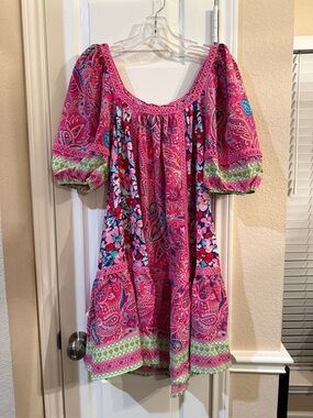 Umgee Pink Paisley Floral Boho Top with Crochet Trim